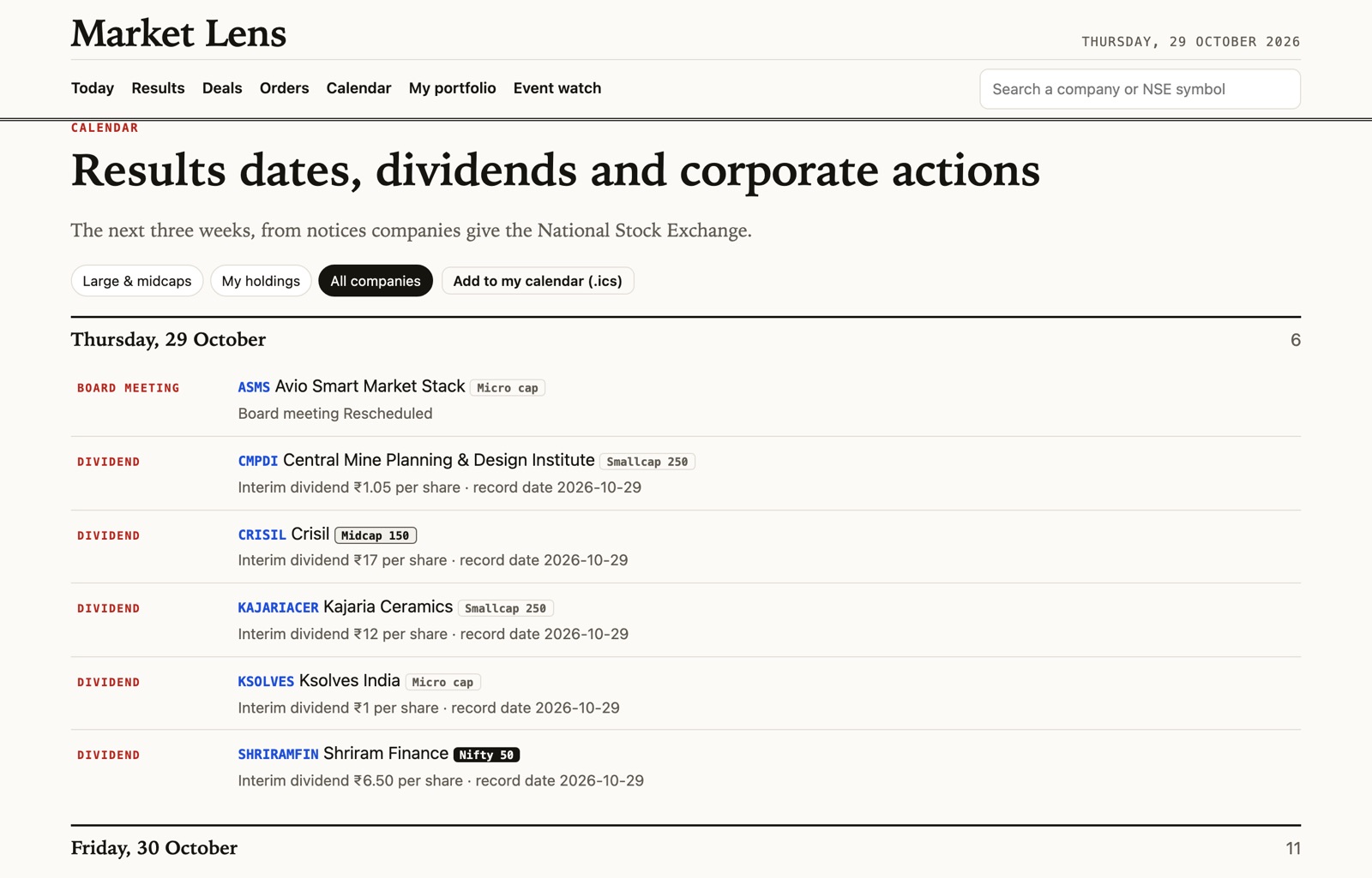 Calendar page listing interim dividends and board meetings for 29 October